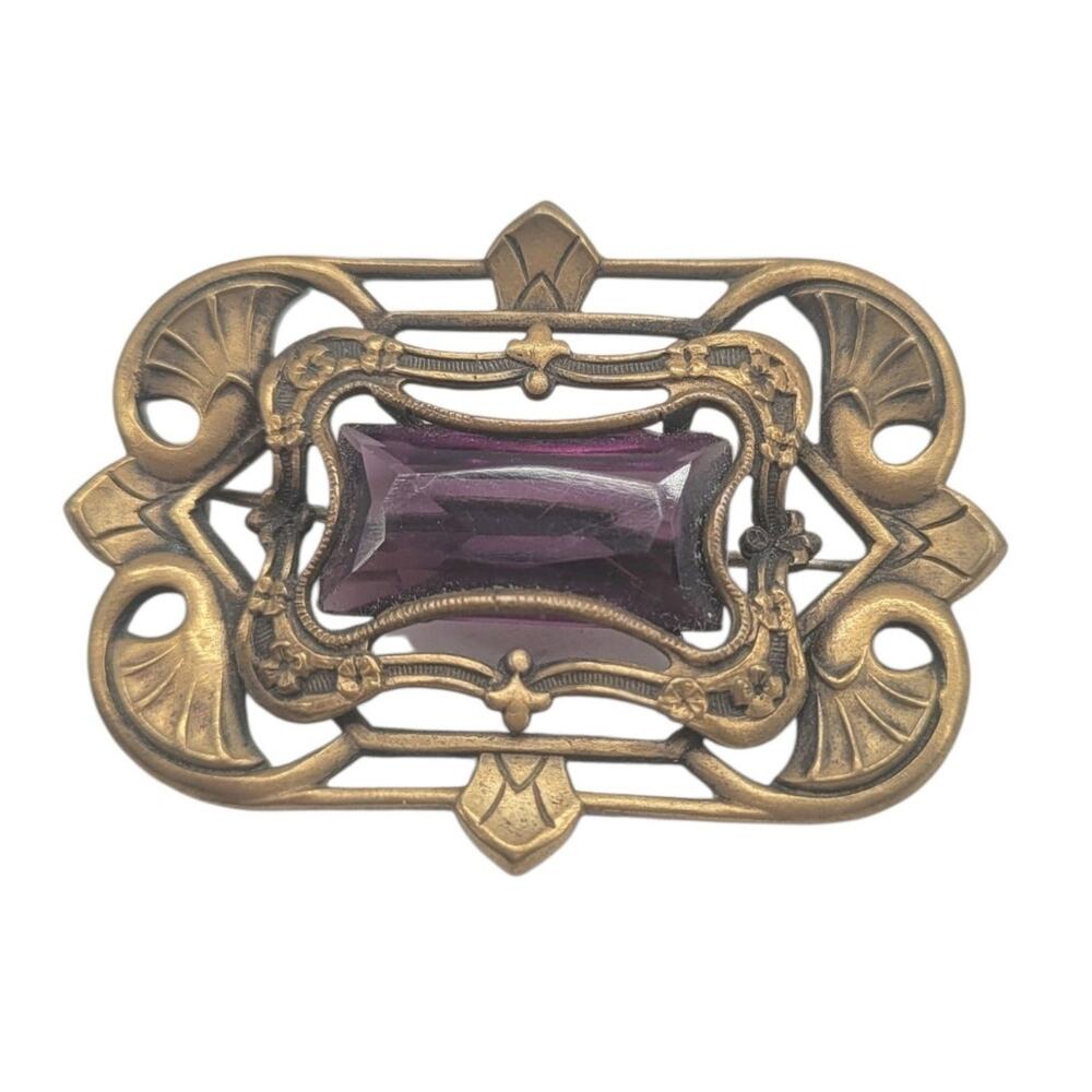 Antique Art Nouveau Brass Amethyst Glass Sash Brooch Victorian Romantic Jewelry
